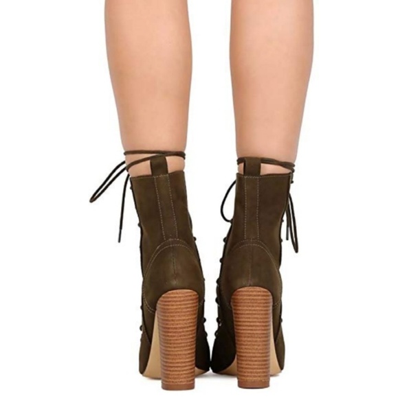 [Liliana] Olive Open Toe Lace-up Tie Heels - Picture 4 of 6